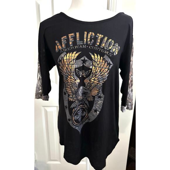 AFFLICTION Death Spade Chrome T-Shirt Blue Braided Back Tee Women’s Sz XL - NWT - Picture 2 of 5